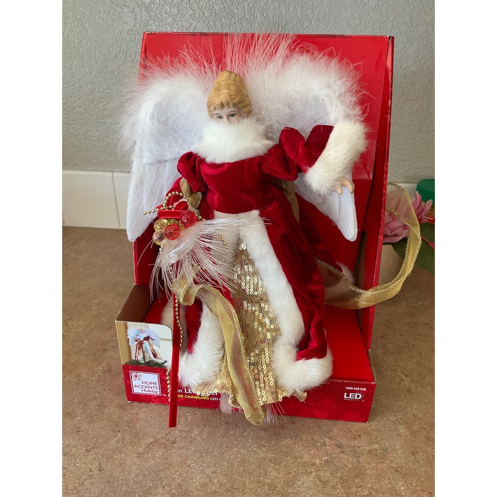 Home Accents Holiday 12 in LED Fiber Optic Angel Tree Topper Color Changing Red